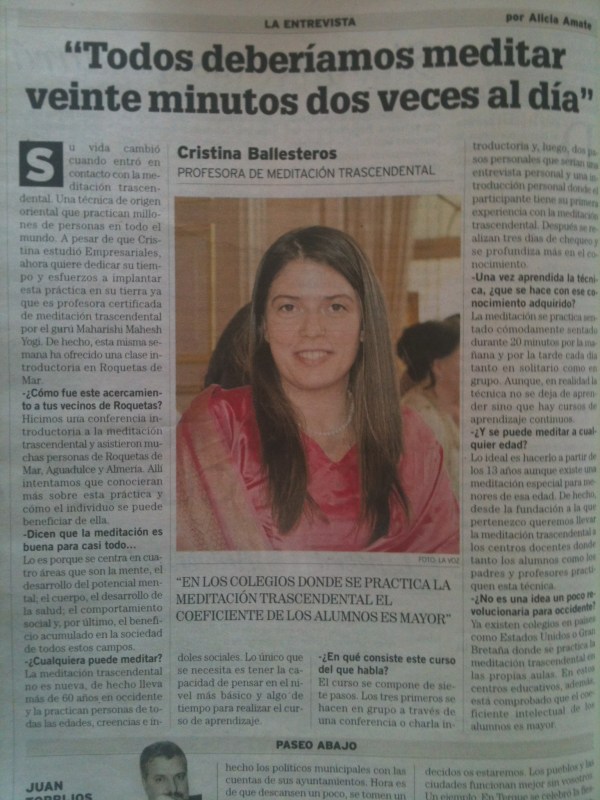 La voz de Almería publica hoy una entrevista sobre cursos de Meditación Trascendental en Almería con Cristina Ballesteros, Profesora de Meditación Trascendental. No te la pierdas!